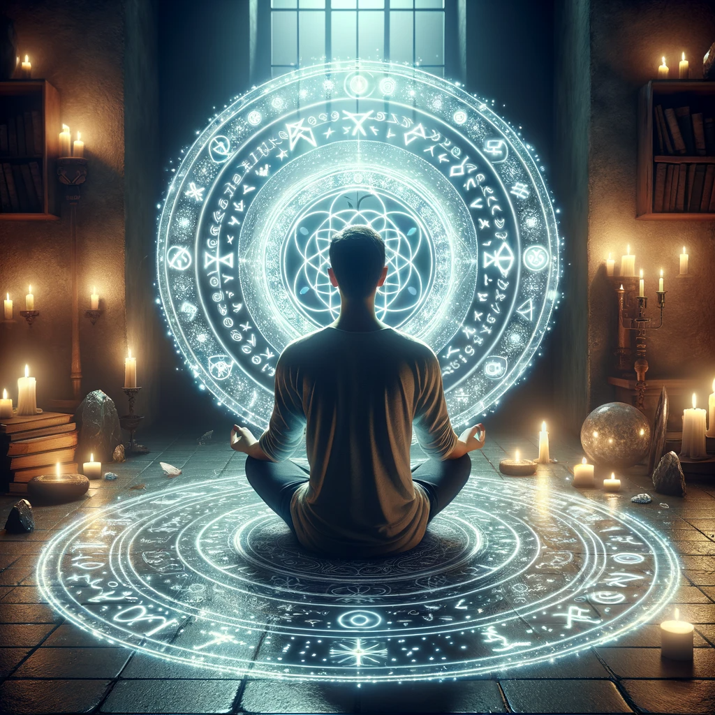 ·E 2023 12 09 06.44.27   An image for a blog article, showing a person sitting inside a glowing protective circle on the ground, surrounded by magical symbols. The person is c.png