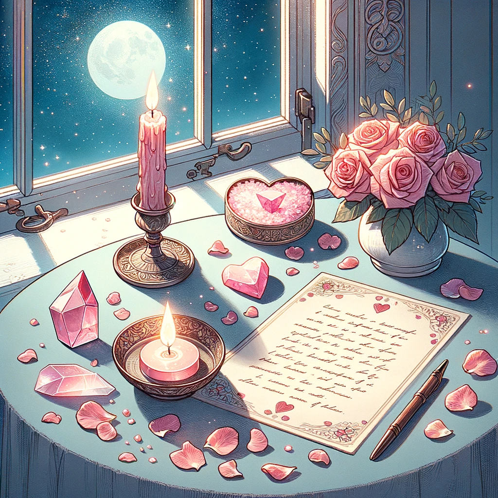 ·E 2023 12 12 06.33.37   An image illustrating a simple love spell setup for beginners. Include a small table with a pink candle, scattered rose petals, a piece of paper with .png