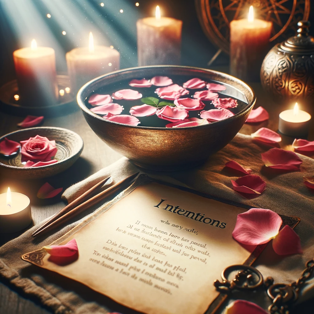 ·E 2023 12 12 06.33.40   An image showing the Rose Petal Spell in progress. The scene includes a bowl filled with water and floating rose petals, a piece of paper with written.png