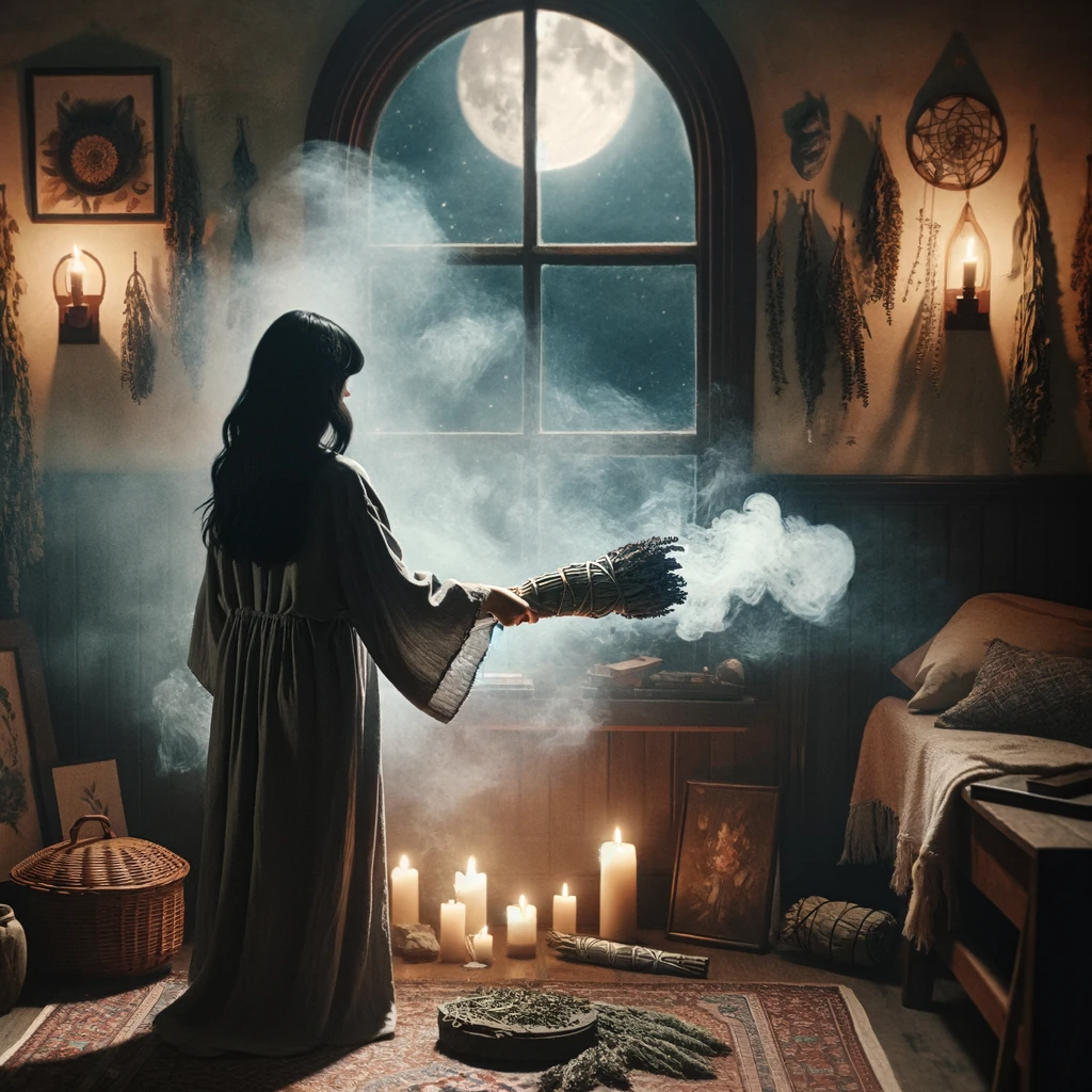 ·E 2023 12 12 06.48.26   An image showing the process of smoke cleansing a room for a spell. The scene captures a dimly lit, cozy room with a large window allowing moonlight t.png