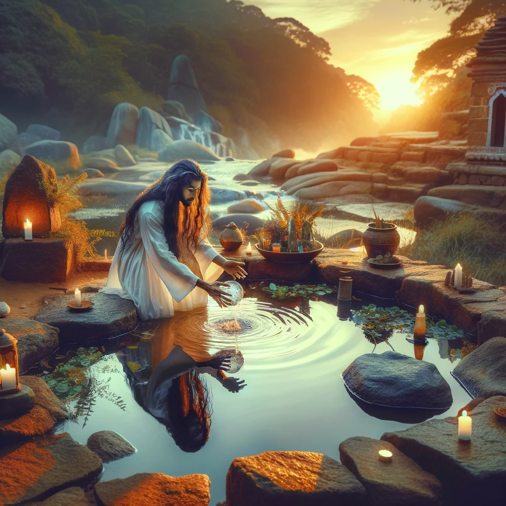 ·E 2023 12 12 06.48.28   A visually engaging image depicting a water cleansing ritual. The scene is set outdoors, under the soft glow of twilight. A person of South Asian desc.png