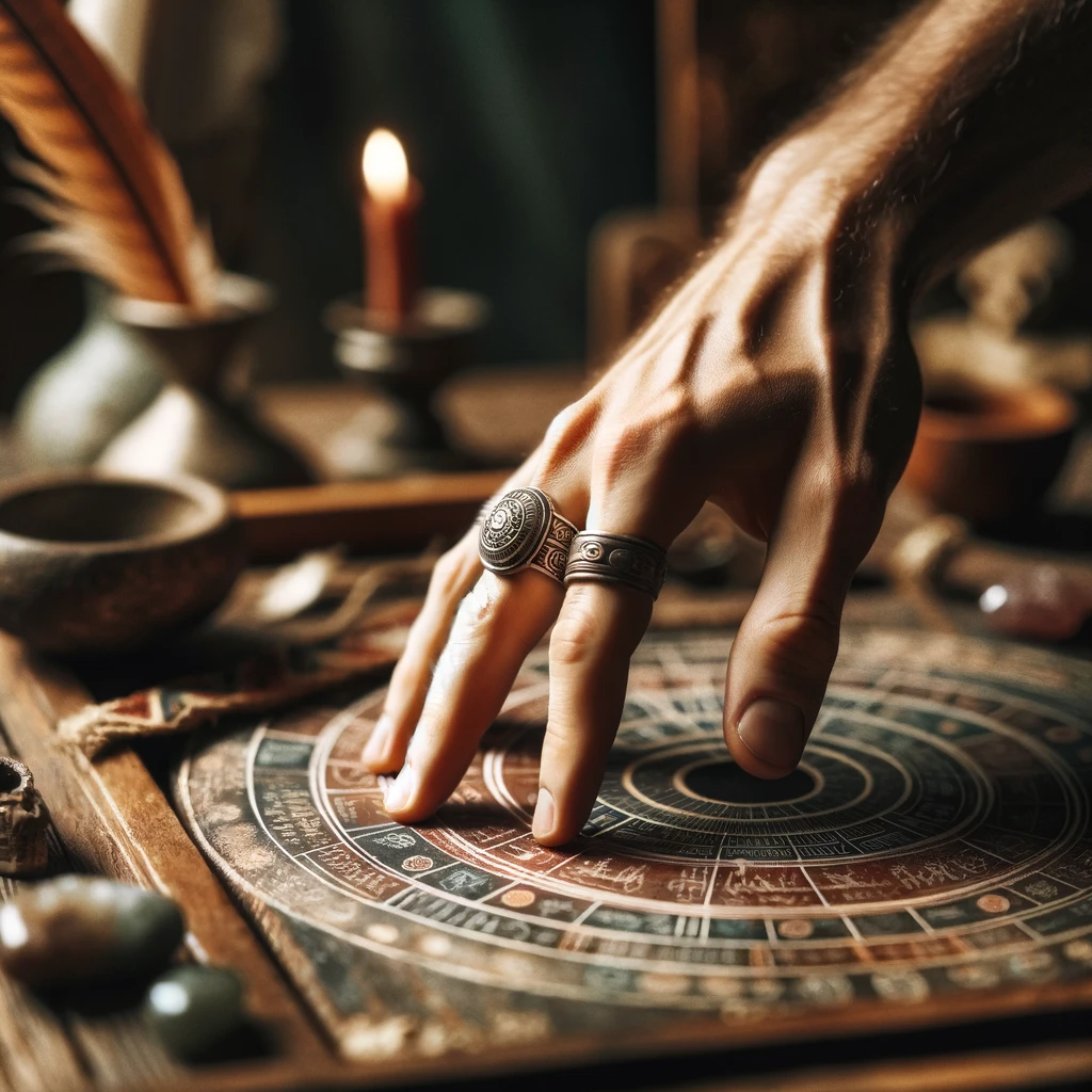 ·E 2023 12 12 13.42.21   A close up view of a hand performing a ritual gesture over an ancestral altar. The hand is adorned with a ring that has been passed down through gener.png