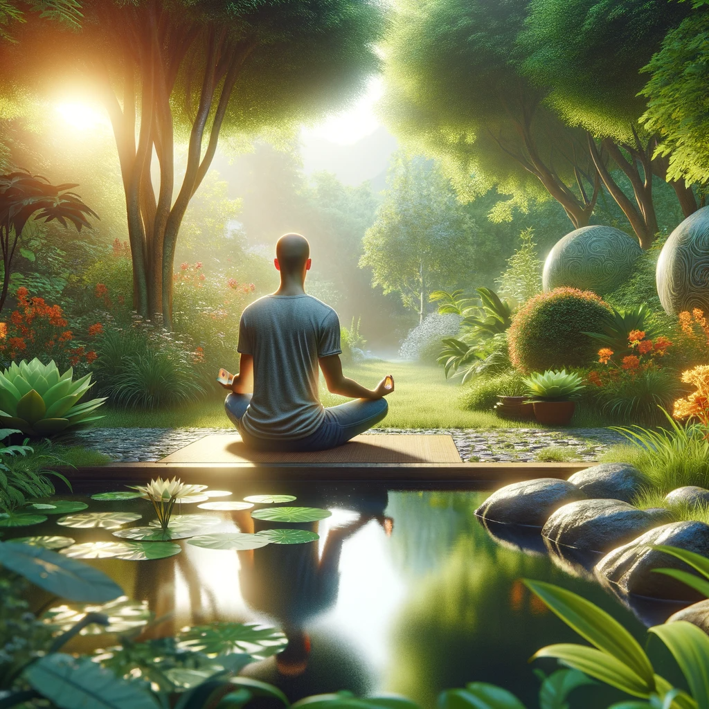 ·E 2023 12 13 05.55.43   Image for a blog article, showing a person sitting in a lotus position meditating outdoors. The setting is a serene garden with a small pond, surround.png