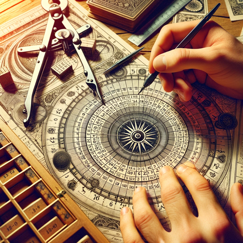 ·E 2023 12 30 22.21.29   An illustrative image for an article on Numerology, featuring a close up of hands holding ancient numerology charts and tools, such as a compass and r.png