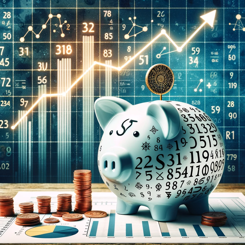 ·E 2023 12 30 23.03.32   An image for an article on 'Numerology and Financial Success', showing a piggy bank with numerology symbols and numbers on it, against a backdrop of g.png
