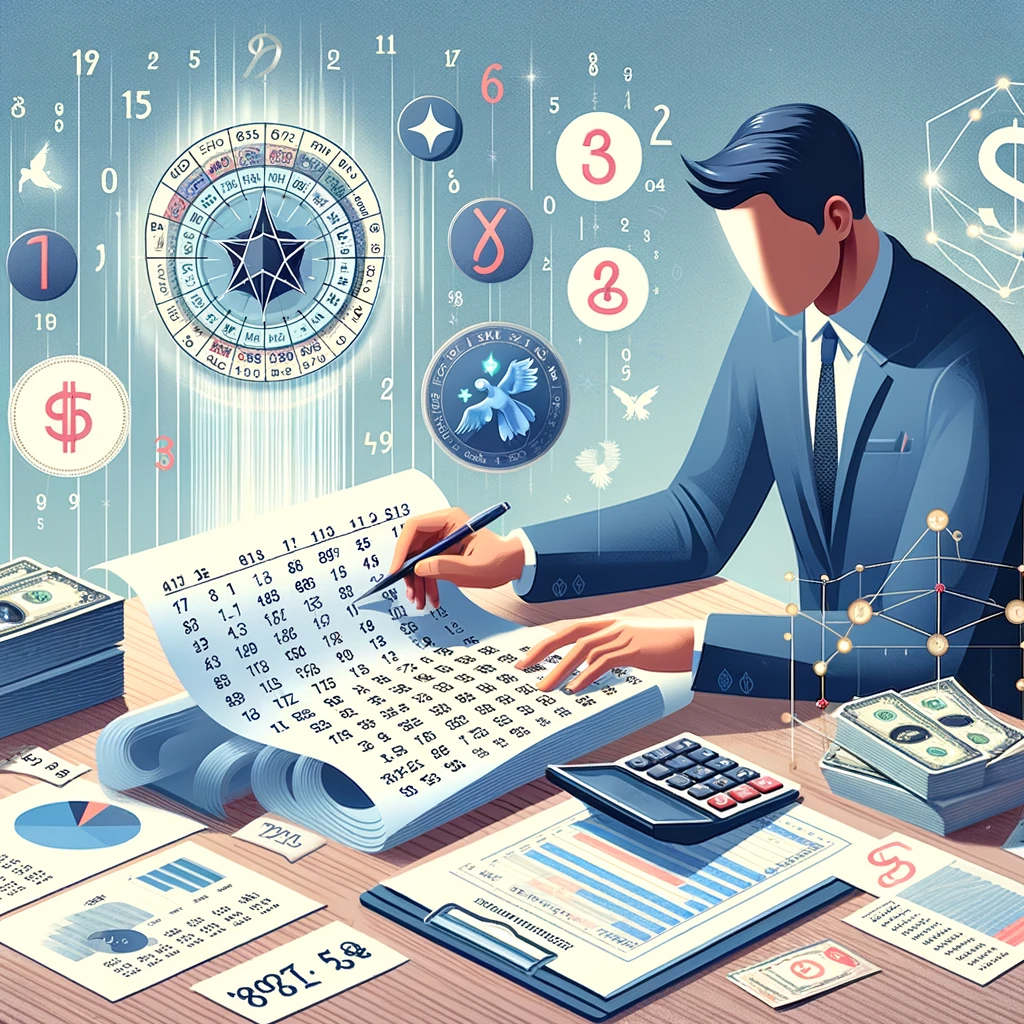 ·E 2023 12 30 23.03.37   An image for an article on 'Numerology and Financial Success', showing a person analyzing their financial documents with numerology charts beside them.png