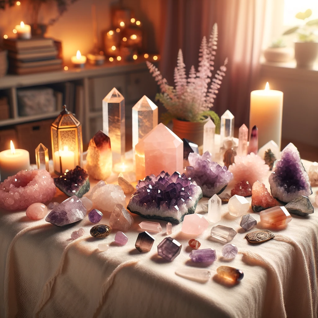·E 2023 12 03 11.44.41   Image showing an elegant display of various healing crystals, including amethyst, quartz, and rose quartz, laid out on a soft, white cloth. The settin.png