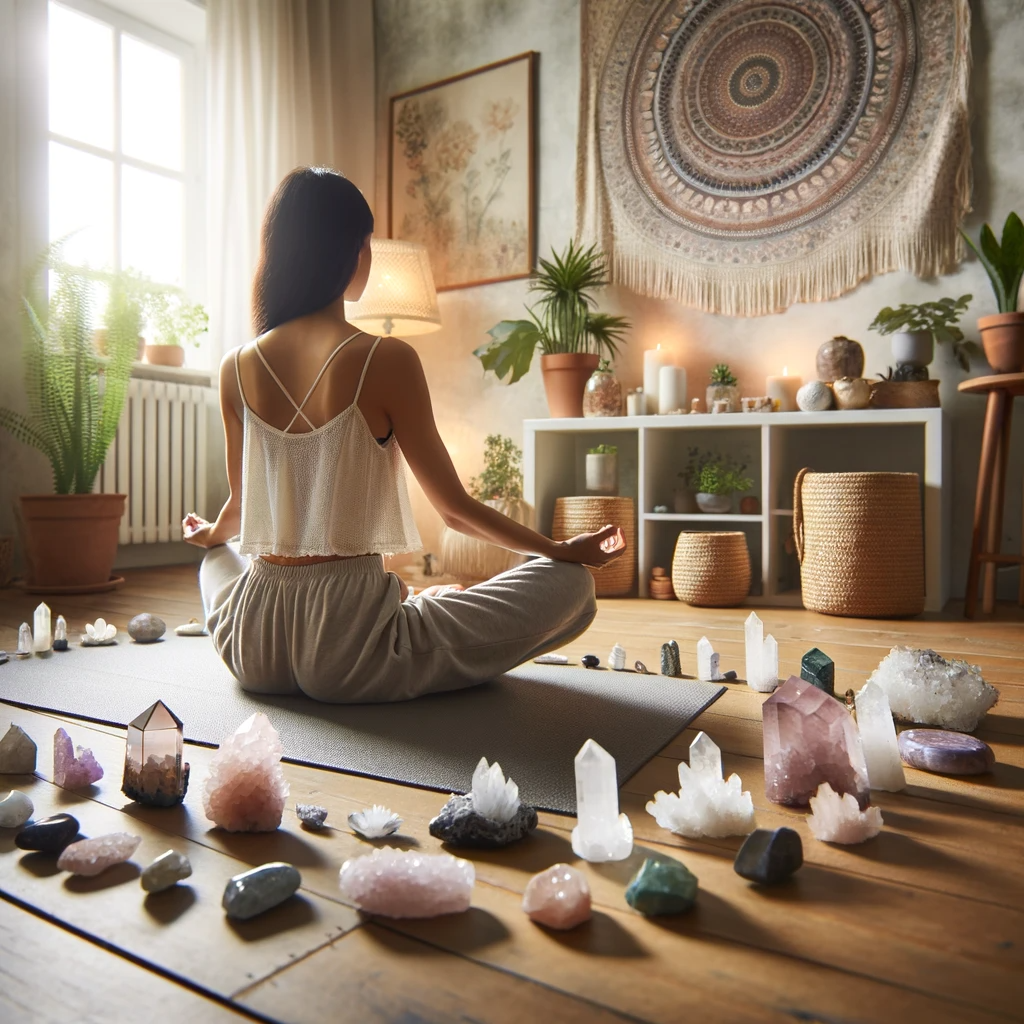 ·E 2023 12 03 11.44.48   Image of a tranquil meditation space with a focus on crystals. The scene includes a person of Asian descent, wearing comfortable meditation attire, si.png