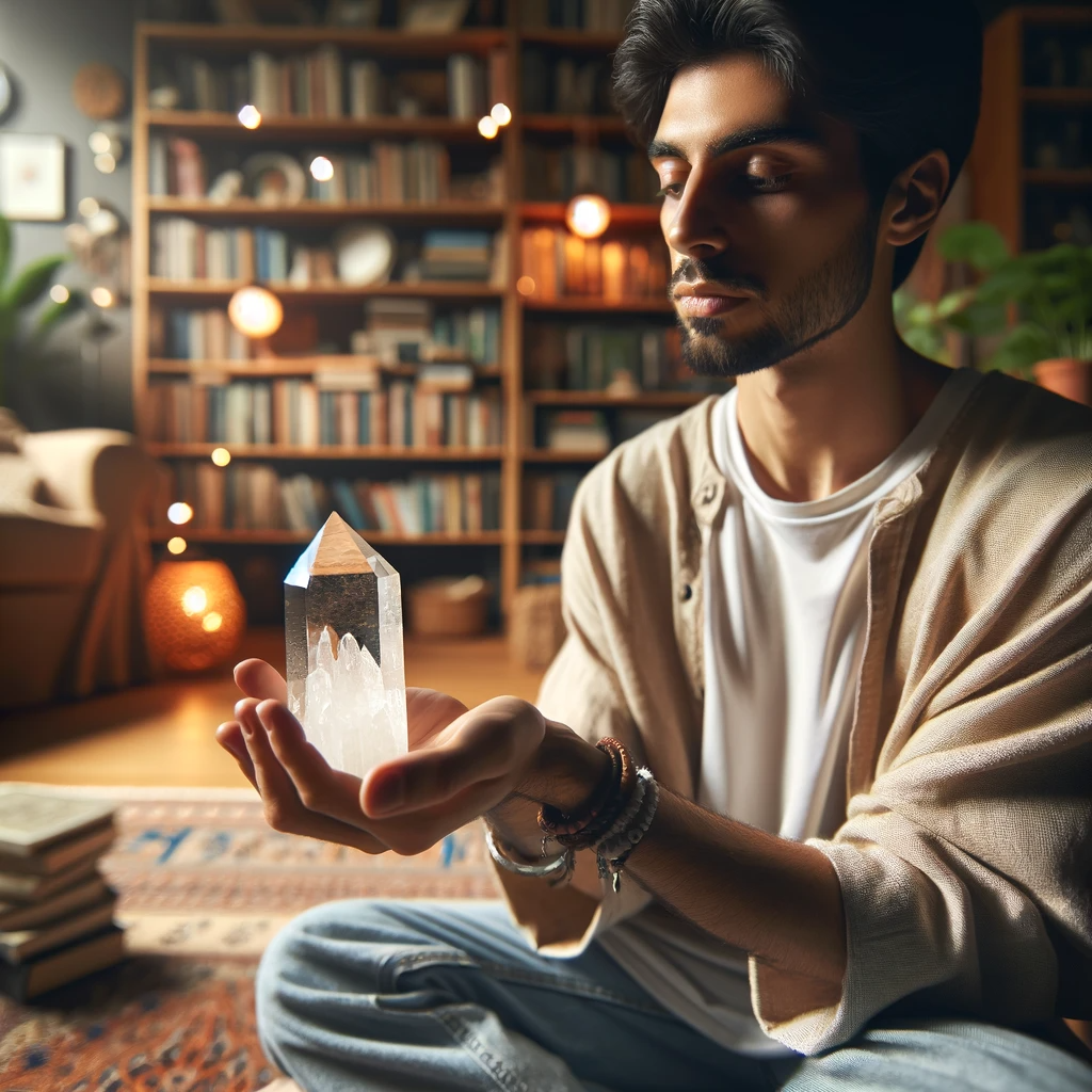 ·E 2023 12 03 11.44.59   Image of a person holding a clear quartz crystal, with a soft glow emanating from the stone. The individual is of Middle Eastern descent, wearing casu.png