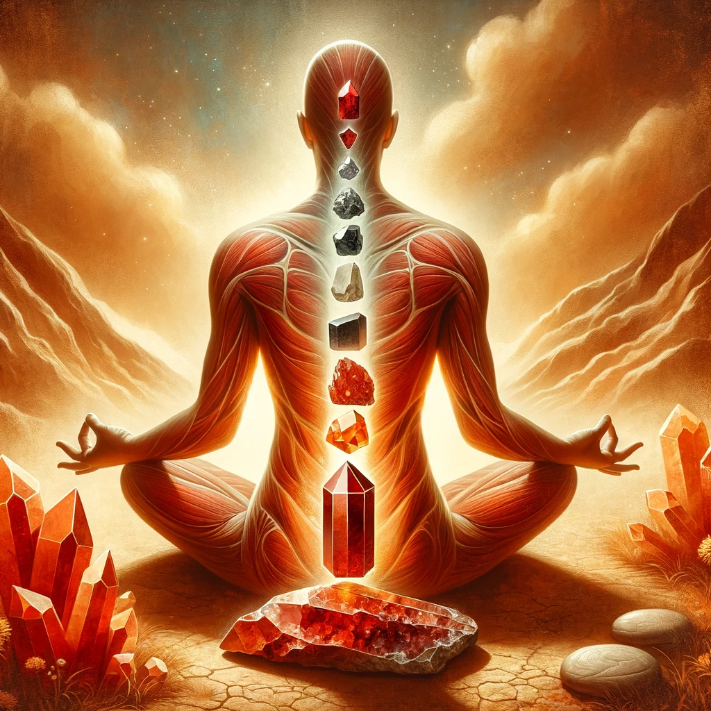 ·E 2023 12 03 15.08.04   An image representing the Root Chakra being balanced with crystals. The image should show a person sitting cross legged with a red crystal, such as a .png