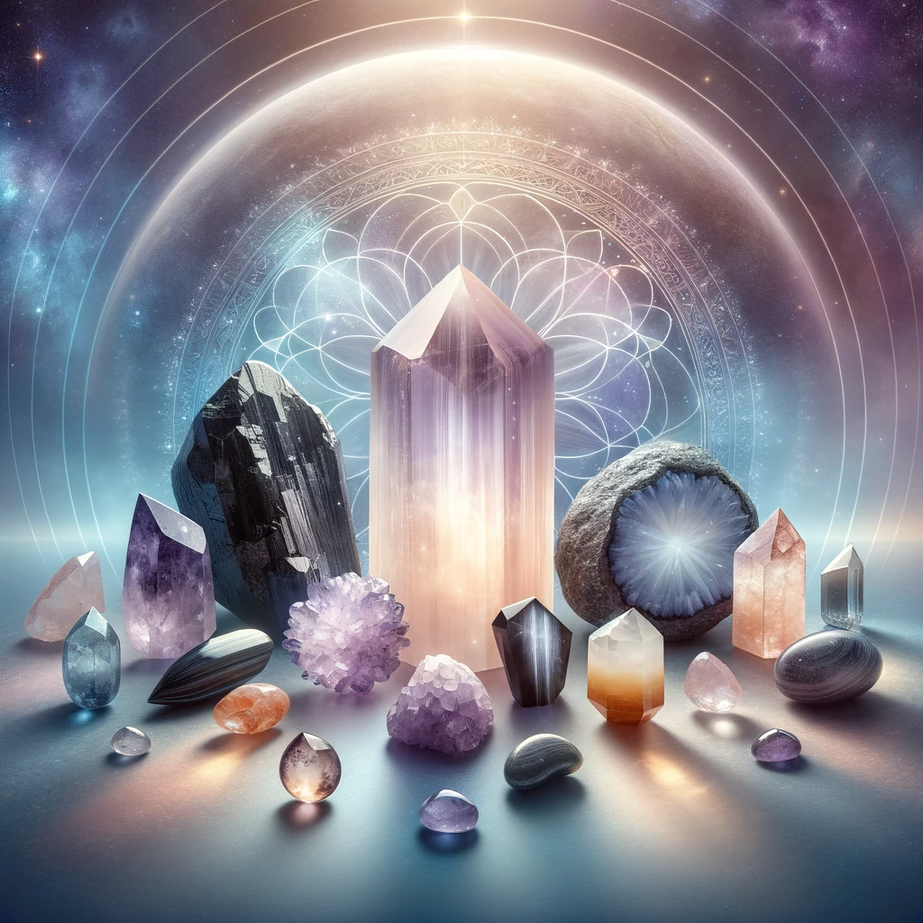 ·E 2023 12 04 11.34.36   A serene and harmonious image showcasing a variety of protective crystals, including Black Tourmaline, Amethyst, Citrine, and a softly glowing Selenit.png