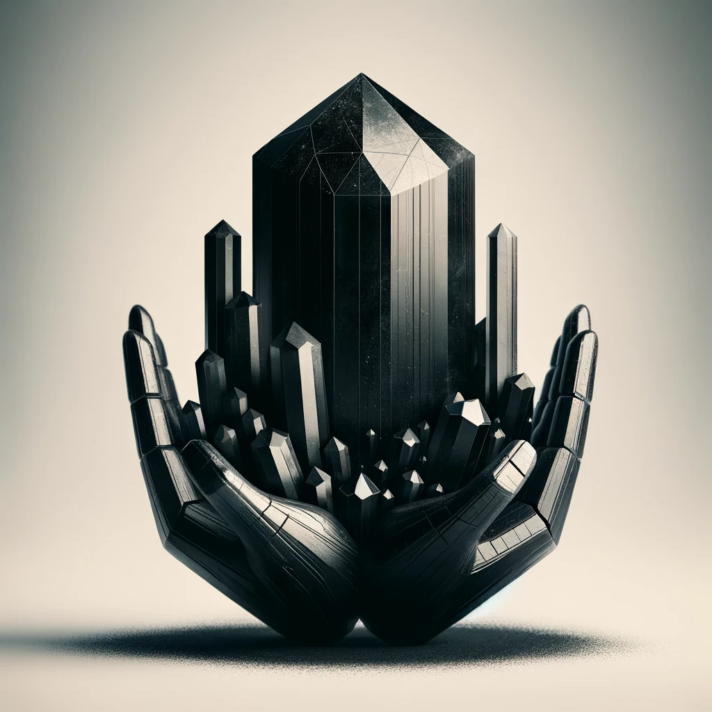 ·E 2023 12 04 11.34.44   An artistic depiction of Black Tourmaline in a protective stance, showcasing its grounding and repelling negative energy properties. The image should .png