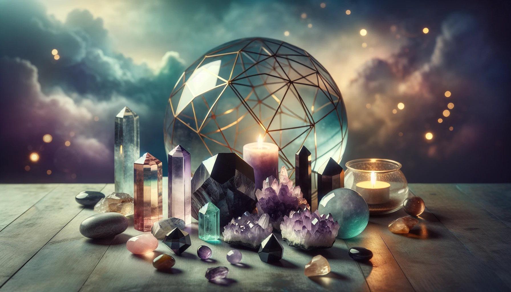 ·E 2023 12 04 11.34.46   A serene and mystical image featuring an assortment of protective crystals like Black Tourmaline, Amethyst, and Citrine, artistically arranged against.png