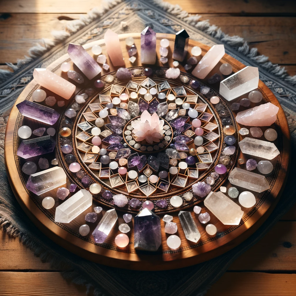 ·E 2023 12 05 13.50.53   A beautifully arranged crystal grid on a wooden table. The grid is created with various crystals, each carefully placed in a specific pattern. The cry.png