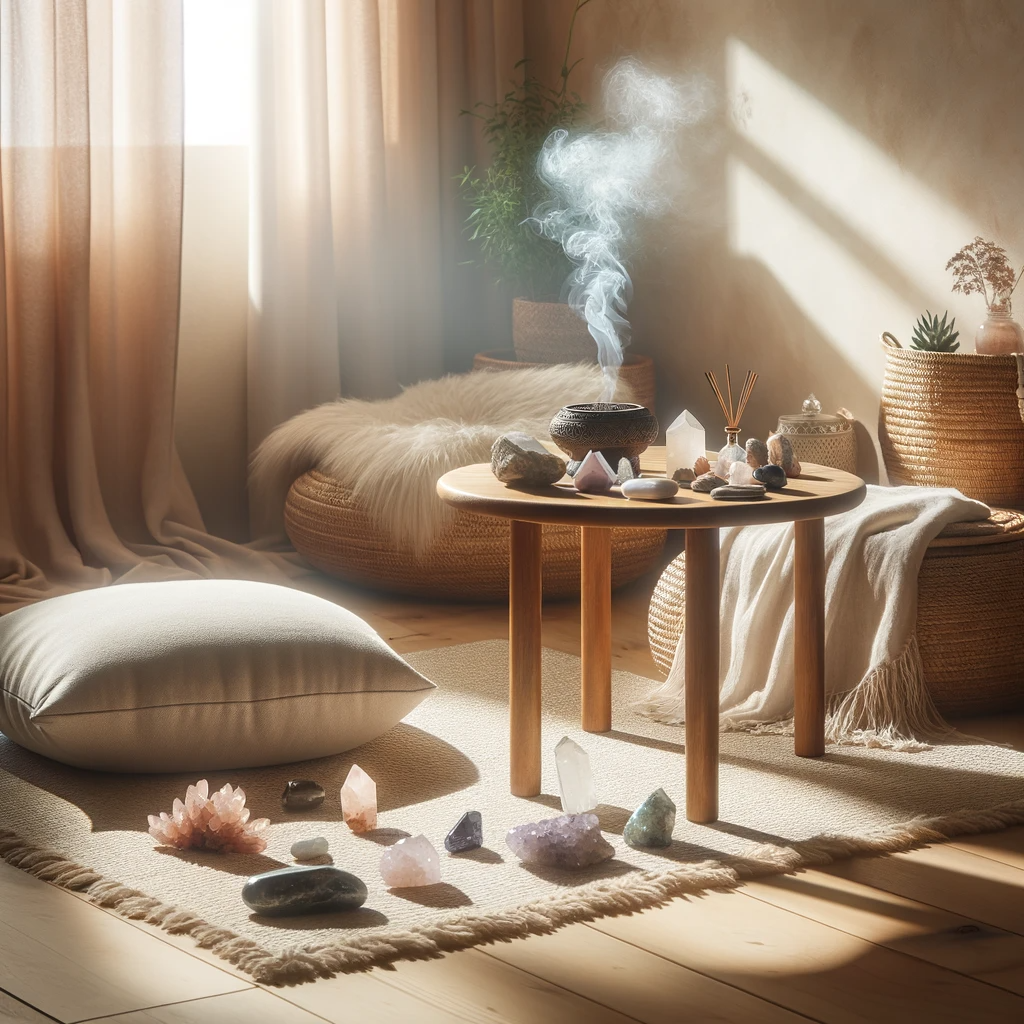 ·E 2023 12 05 13.50.54   A peaceful meditation corner with a large, comfortable cushion, a small wooden table, and a variety of crystals spread around. The room is bathed in n.png