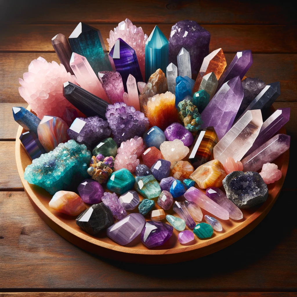 ·E 2023 12 05 13.50.57   A variety of healing crystals in a bright, colorful arrangement. The crystals are of different shapes, sizes, and colors, displayed elegantly on a woo.png