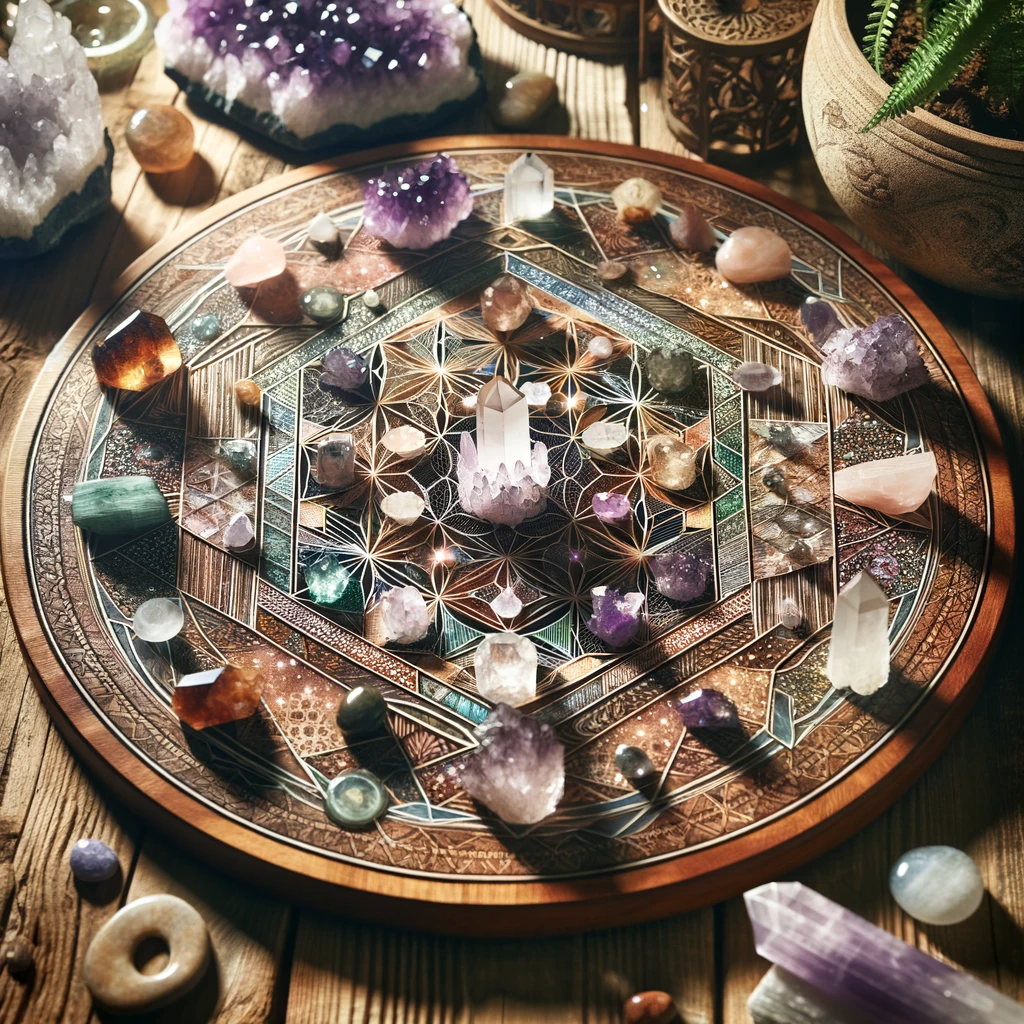 ·E 2023 12 05 14.38.47   An artistic image featuring a beautifully crafted crystal grid, set on a wooden table. The grid is made using various healing crystals like quartz, am.png