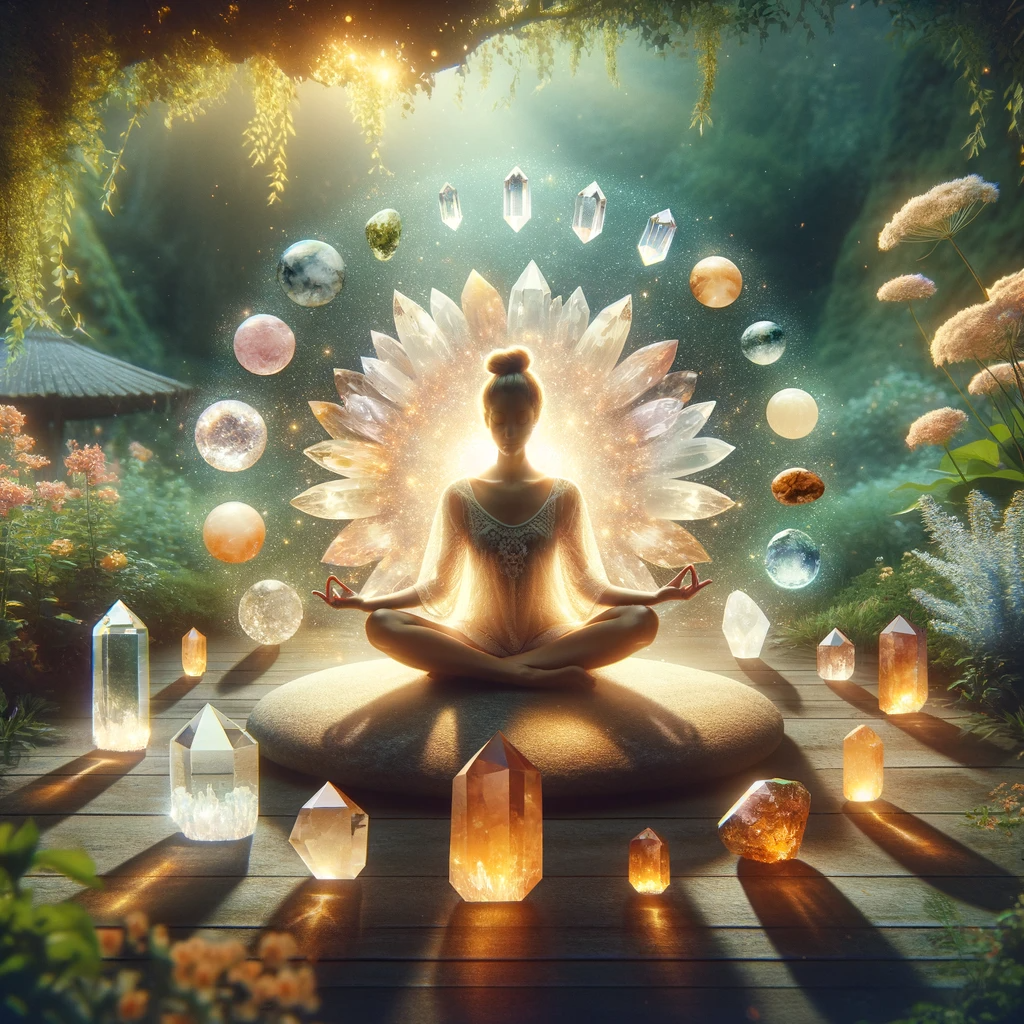 ·E 2023 12 05 14.38.49   An enchanting image showing a person in a meditative pose, surrounded by an array of glowing healing crystals. The crystals, including varieties such .png