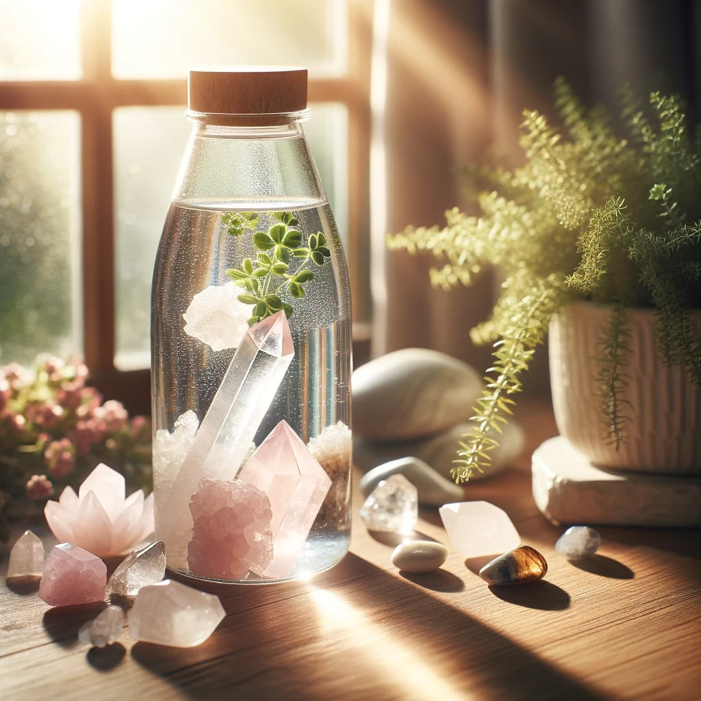 ·E 2023 12 05 14.38.53   Image depicting a peaceful scene of a crystal infused water bottle sitting on a wooden table, with sunlight gently streaming through a nearby window, .png