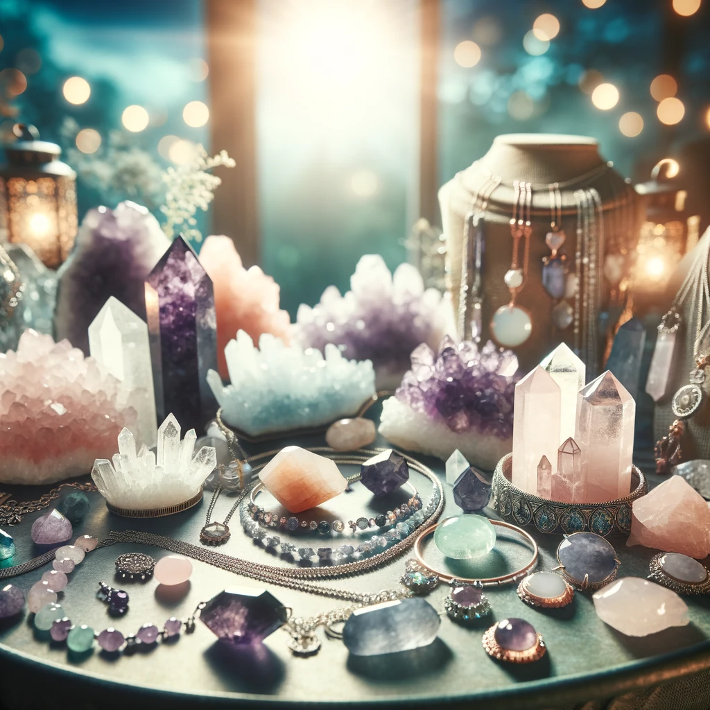 ·E 2023 12 05 15.06.50   A serene and mystical image featuring an assortment of crystal jewelry elegantly displayed. The scene includes various types of crystals like amethyst.png
