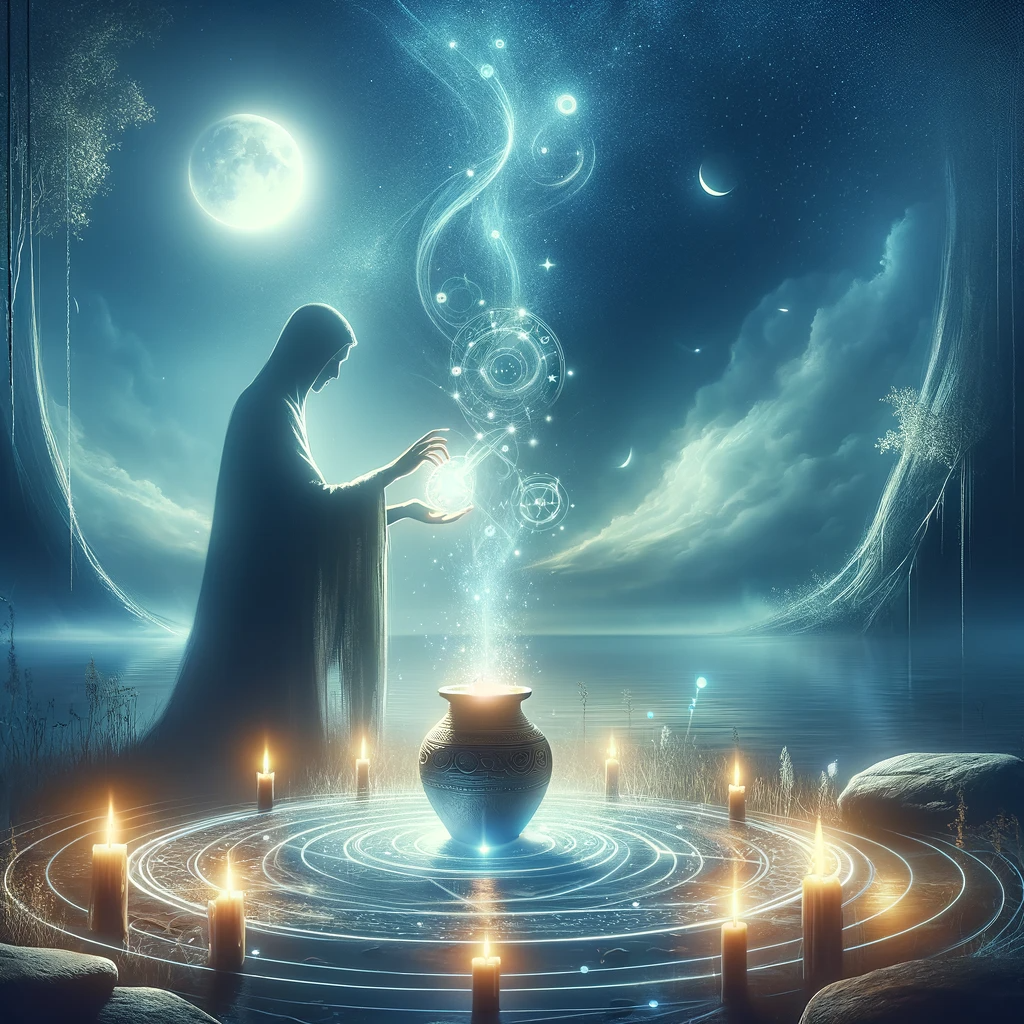 ·E 2023 12 06 06.12.45   A serene image representing the creation and charging of a talisman. The scene should include a person holding a talisman, surrounded by glowing light.png