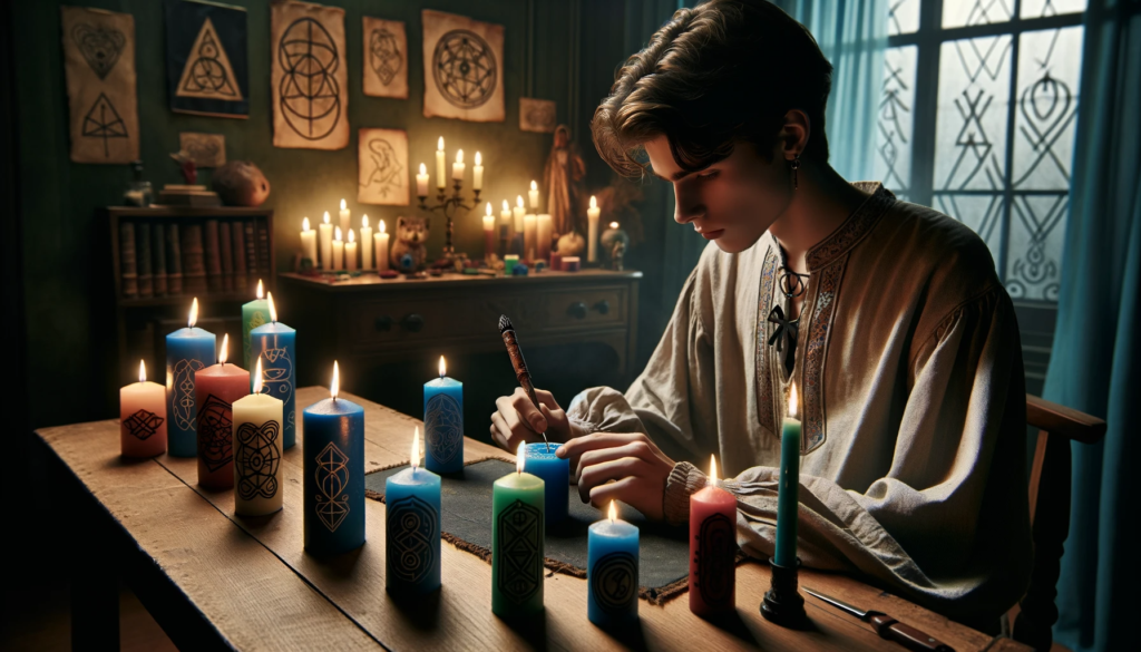 ·E 2023 12 06 06.21.59   Image depicting a beginner practicing candle magic. The scene is set in a dimly lit room, with the focus on a young practitioner seated at a table. In.png