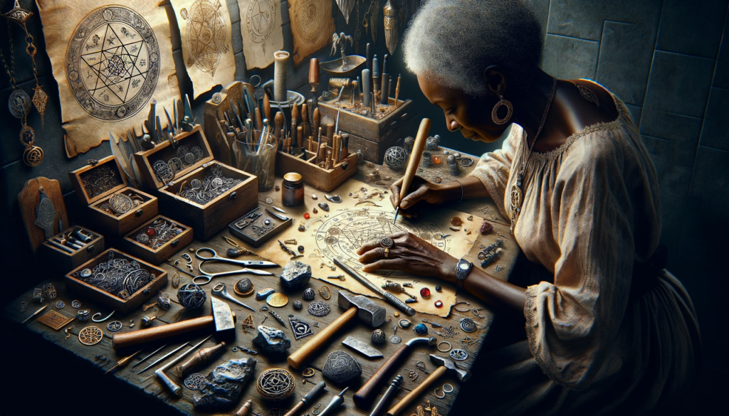 ·E 2023 12 06 06.22.02   Visual depiction of a person crafting a talisman, an essential aspect of magik for beginners. In this image, a middle aged Black woman is seated at a .png