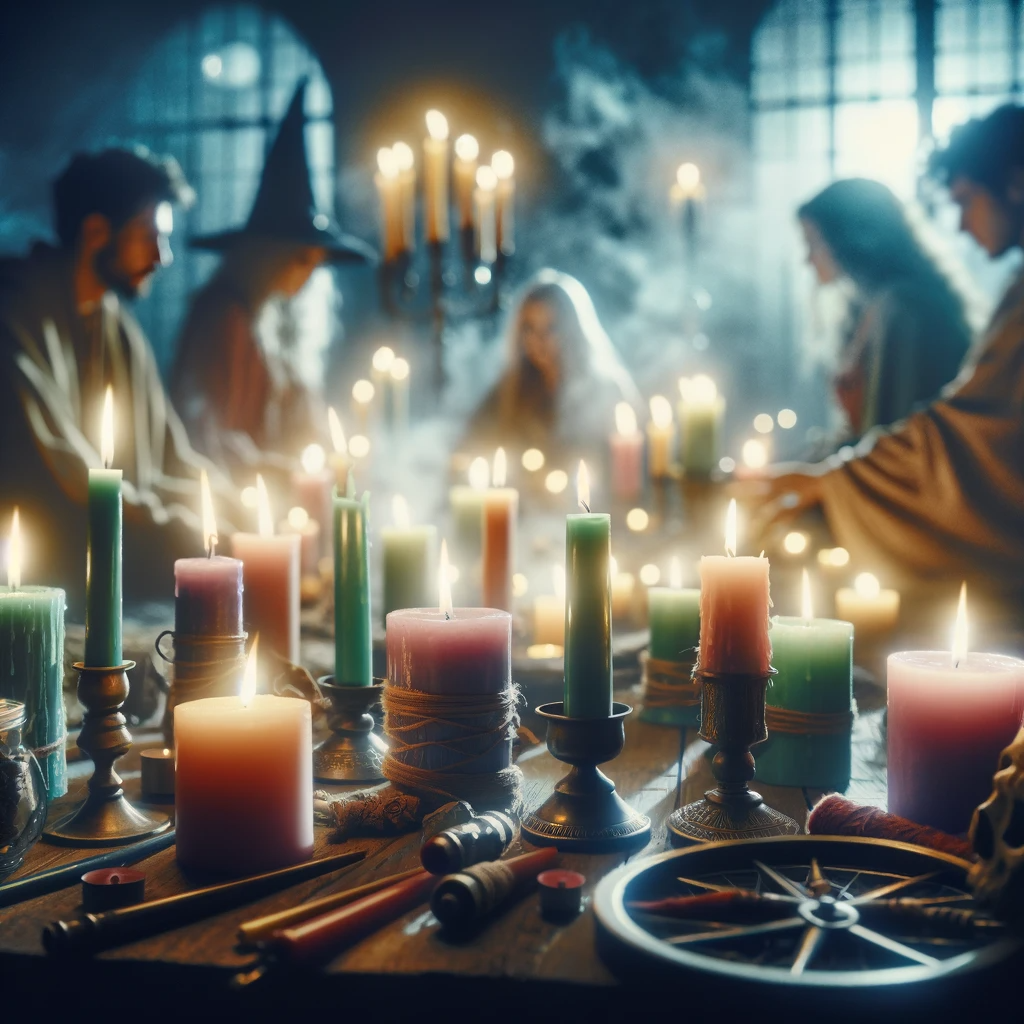 ·E 2023 12 07 05.25.52   A mystical scene depicting a group of people performing a candle magic ritual in a dimly lit room. The focus should be on the candles of various color.png