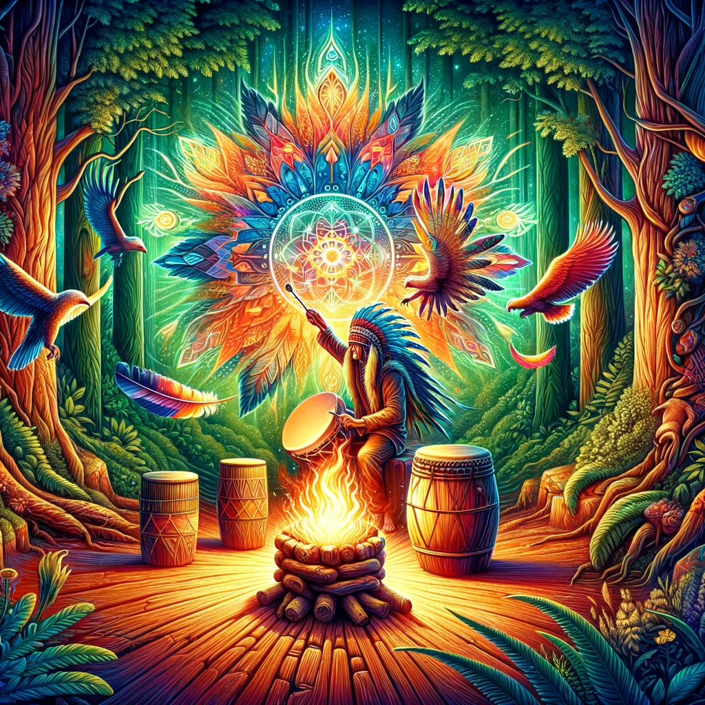 ·E 2023 12 07 05.25.55   A vibrant depiction of a shamanic ritual in a lush forest setting, with a shaman surrounded by nature, performing a ritual with drums, feathers, and a.png