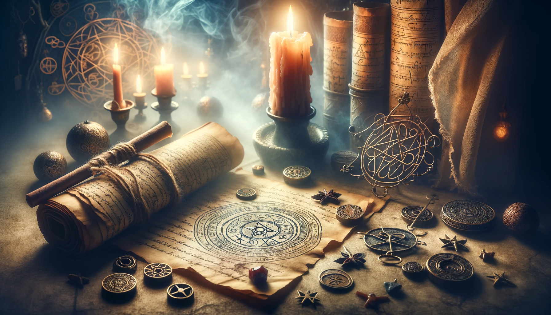 ·E 2023 12 07 05.26.00   A mystical and atmospheric illustration for a blog article about the historical origins of spellwork. The image should depict ancient scrolls, a burni.png
