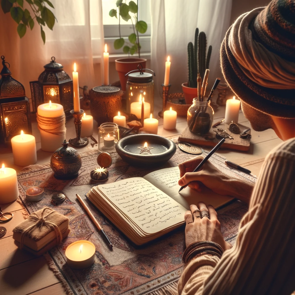 ·E 2023 12 07 05.39.50   An image for a blog article depicting a spellwork practitioner journaling their experiences. It shows a person of Middle Eastern descent, gender neutr.png