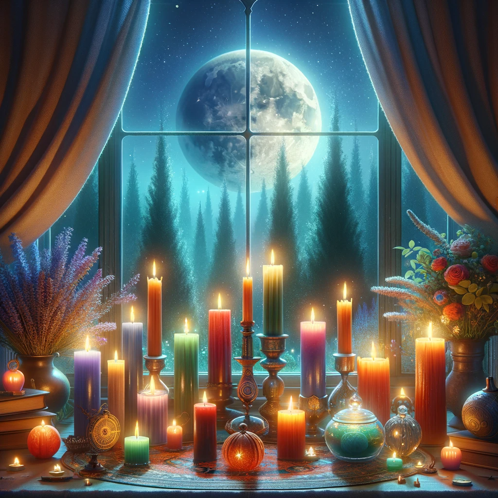 ·E 2023 12 07 05.39.57   A blog article image depicting a serene spellwork setting with a focus on candle magic. The scene includes a variety of colored candles, each symboliz.png