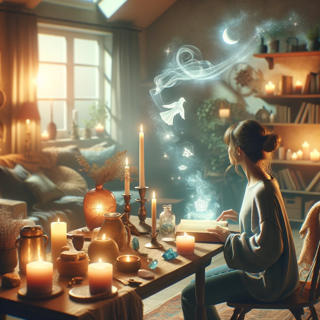 ·E 2023 12 09 06.33.25   A serene home setting where a person is practicing spellwork, integrating it into daily life. The scene includes a cozy room with soft lighting, a per.png