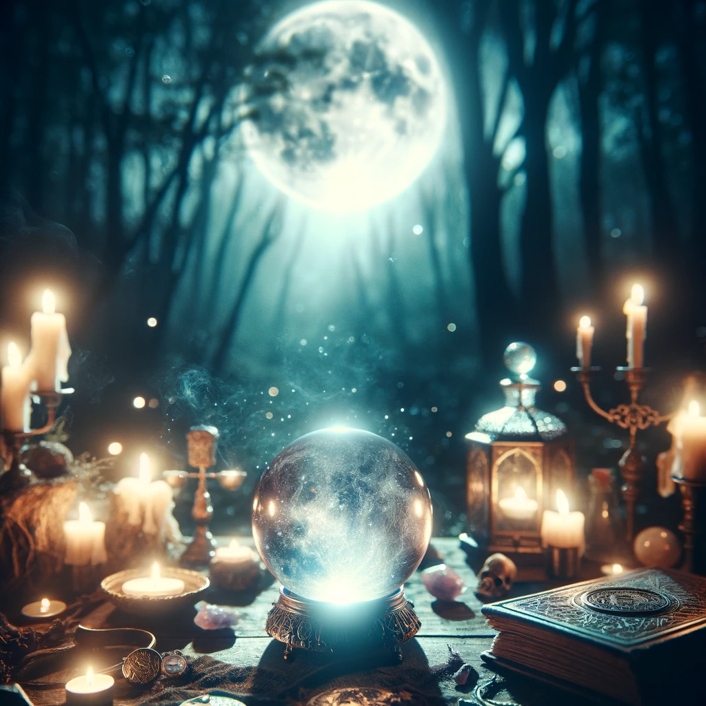 ·E 2023 12 09 06.40.10   An atmospheric scene of a moonlit ritual in a forest, with a focus on a glowing crystal ball on an altar. The crystal ball emits a soft, ethereal ligh.png