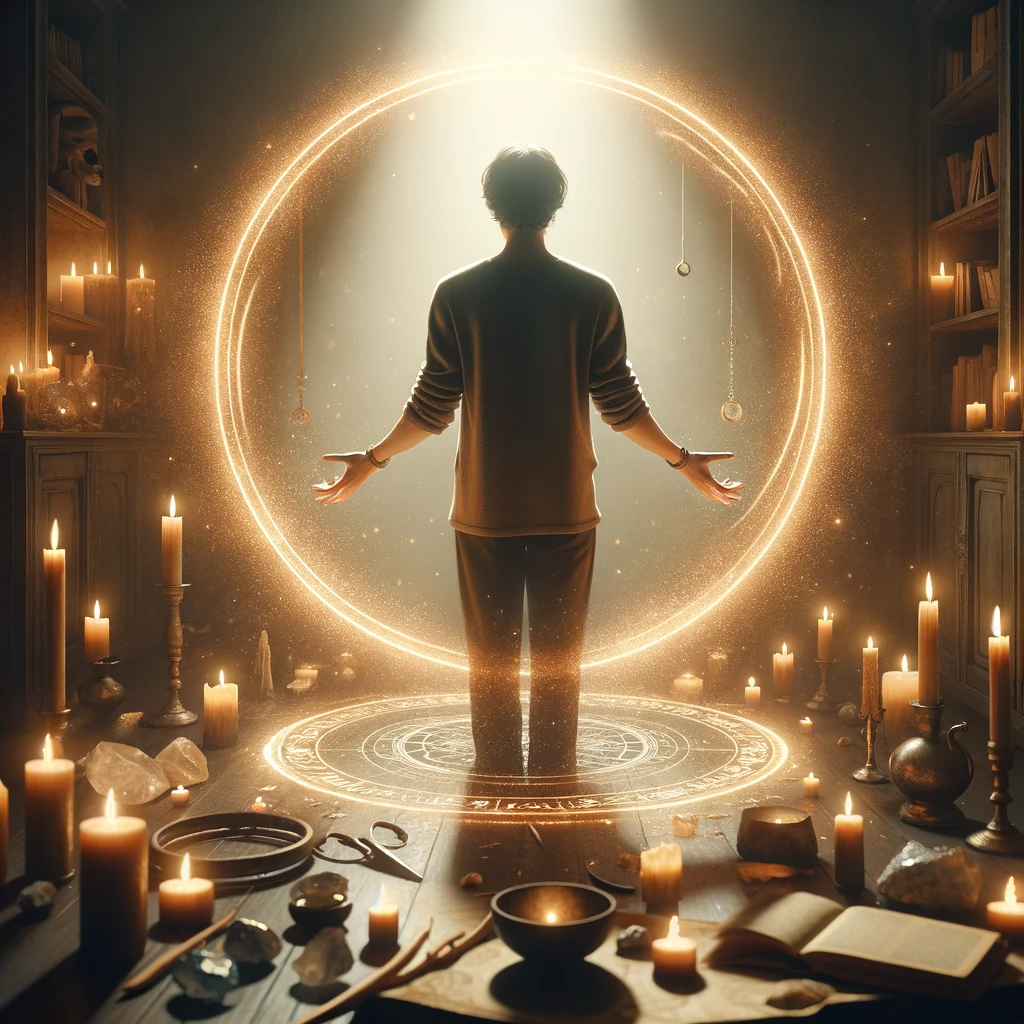 ·E 2023 12 09 06.44.18   An image for a blog article showing the closing ritual of a protective circle in spellwork. The scene captures a person standing inside the circle, ha.png