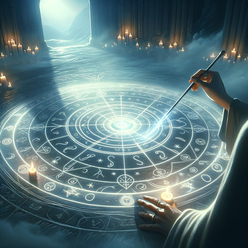 ·E 2023 12 09 06.44.19   An image for a blog article showing the process of sealing a protective circle in spellwork. The scene depicts a person completing the circle, their h.png