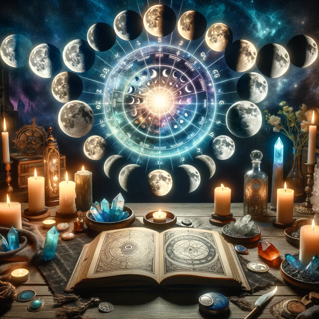 ·E 2023 12 12 06.33.47   An image depicting the concept of moon phases in spellwork. The focus is on a night sky with various phases of the moon, from New Moon to Full Moon, a.png