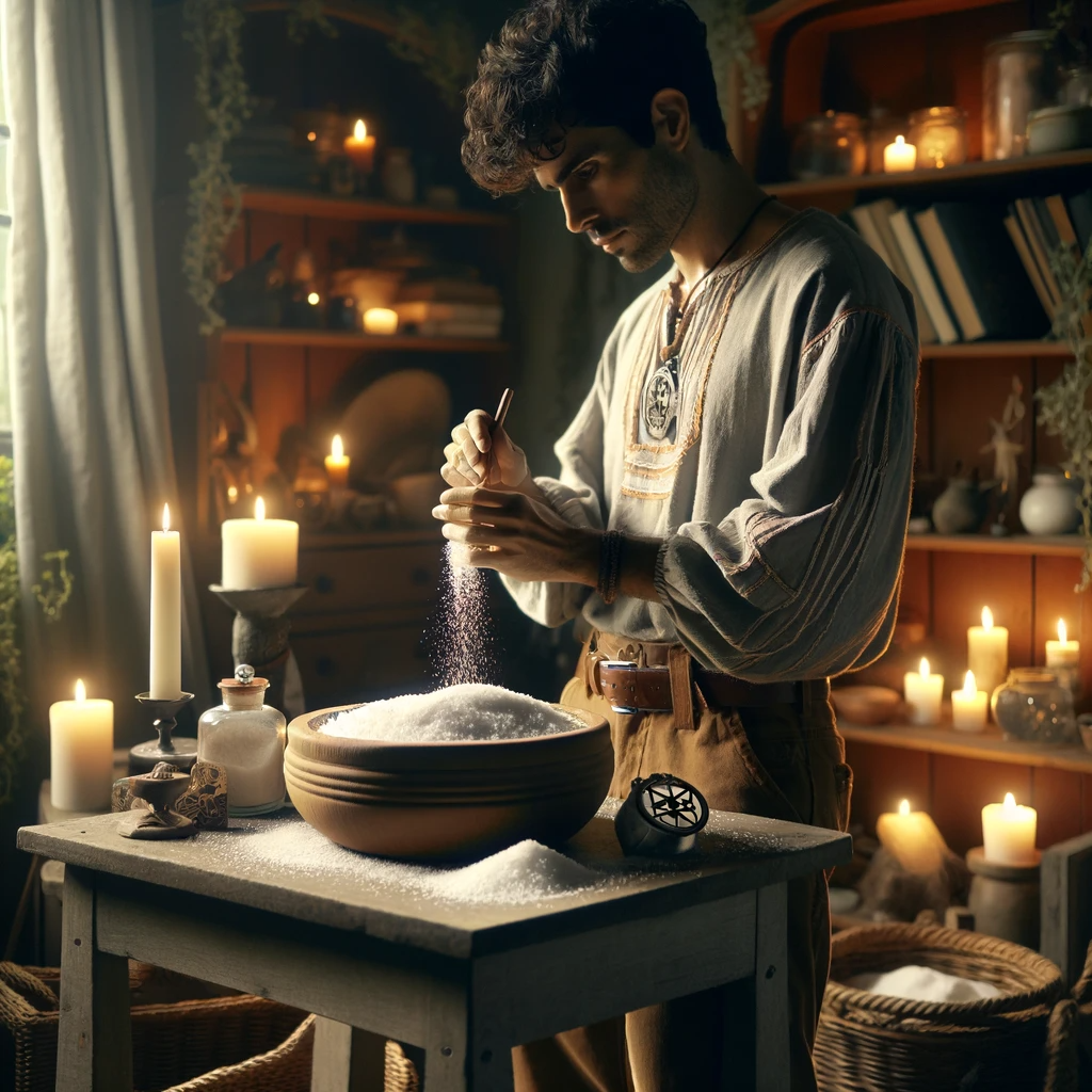 ·E 2023 12 12 06.48.31   An image illustrating the practice of salt or earth cleansing. The scene is set in a peaceful, dimly lit room. In the center, a small wooden table hol.png