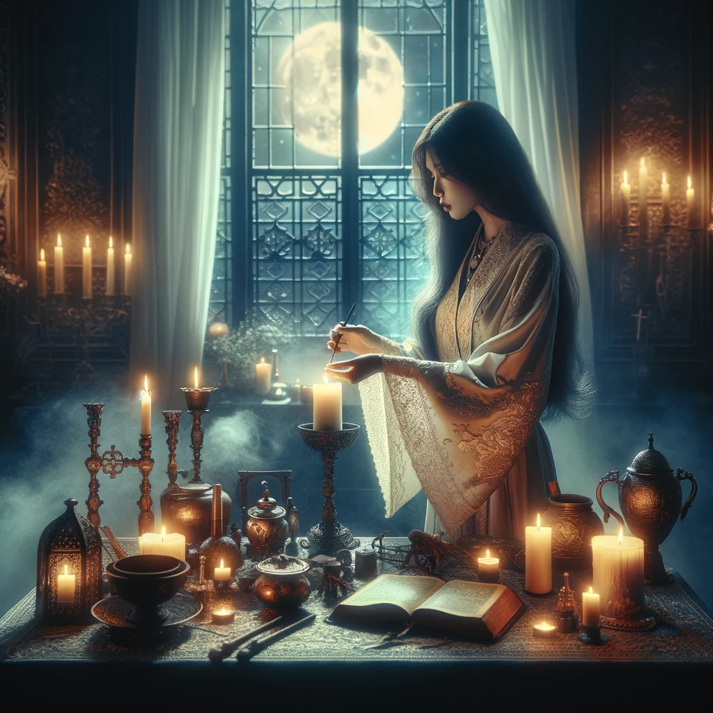 ·E 2023 12 12 06.48.37   A captivating image showing the final touches of a cleansing ritual. The scene is set in an enchanting, dimly lit room with an air of mystery. A perso.png