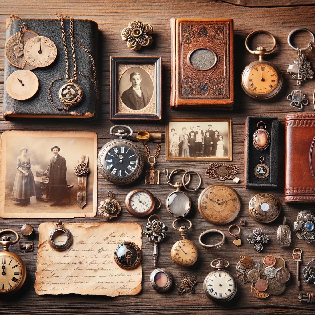 ·E 2023 12 12 13.42.27   A collection of various ancestral talismans and heirlooms displayed on a wooden surface. The collection includes a vintage pocket watch, an antique lo.png