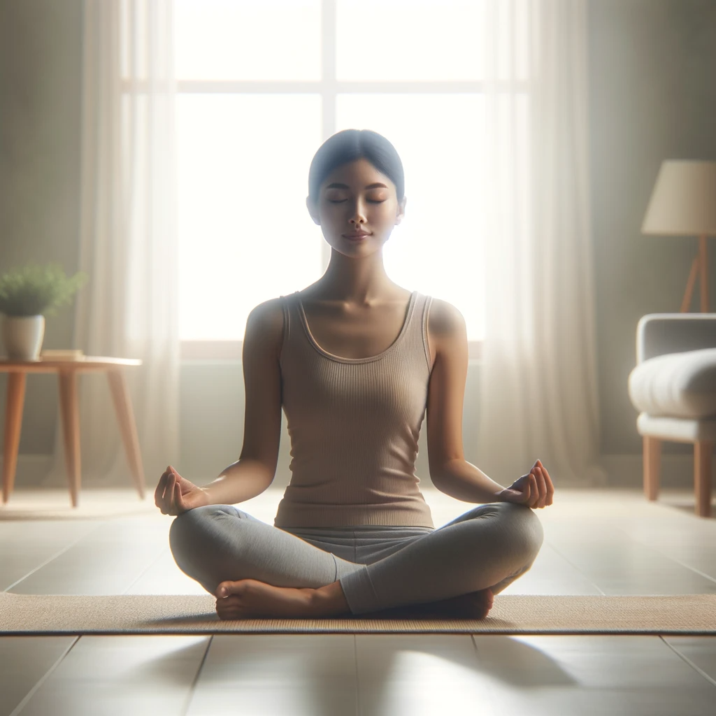 ·E 2023 12 13 05.44.13   A beginner meditator sitting in a lotus position, with eyes closed and a calm expression, in a minimalist setting with soft lighting. The scene symbol.png