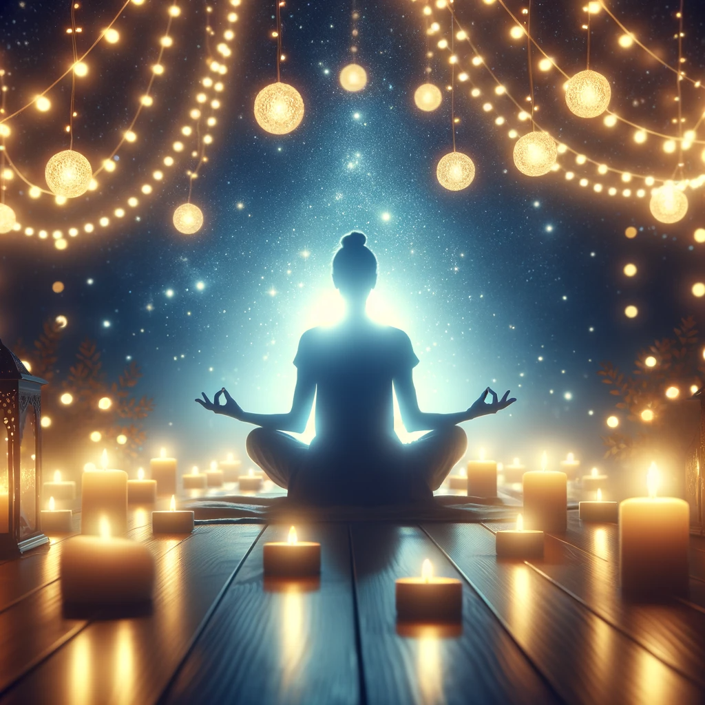 ·E 2023 12 13 05.44.18   A tranquil evening meditation scene, depicting a person meditating under the soft glow of string lights, with candles lit around them, creating a magi.png