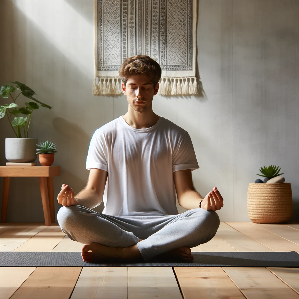 ·E 2023 12 13 05.44.26   A person sitting cross legged on a yoga mat in a peaceful, naturally lit room, practicing mindfulness meditation. The person is focused, with eyes clo.png