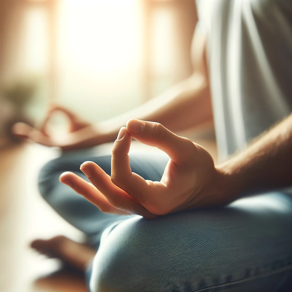 ·E 2023 12 13 05.59.54   Image for a blog article, depicting a close up of hands in a meditation pose, resting on the knees. The background is a blurred view of a tranquil, so.png