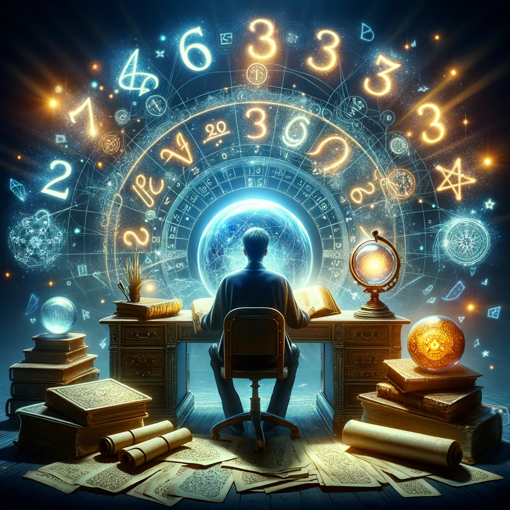 ·E 2023 12 30 22.21.28   An image for an article about Numerology, depicting a person sitting at a desk with books, a crystal ball, and ancient scrolls, surrounded by glowing .png