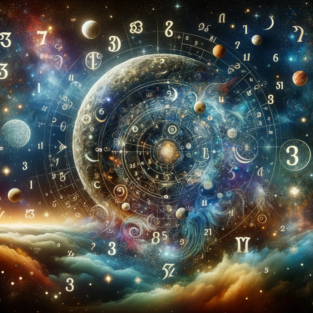 ·E 2023 12 30 22.21.32   A creative image for an article about Numerology, depicting a mystical landscape with celestial bodies like the moon, stars, and planets, interwoven w.png