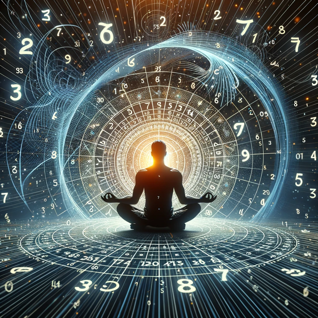 ·E 2023 12 30 22.21.33   A visually engaging image for a Numerology article, showing a person in a meditative pose, surrounded by a swirl of numbers and energy lines. This ima.png