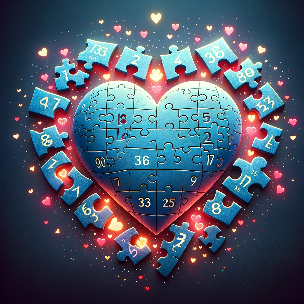 ·E 2023 12 30 22.29.57   An image for an article on 'Numerology and Love Compatibility', showing a heart shaped puzzle with numerology numbers as pieces. This image should rep.png