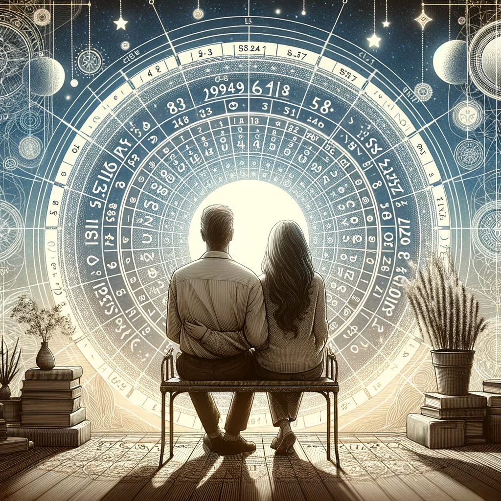 ·E 2023 12 30 22.30.02   An image for an article on 'Numerology and Love Compatibility', showing a couple sitting together, looking at a numerology chart. The chart is filled .png