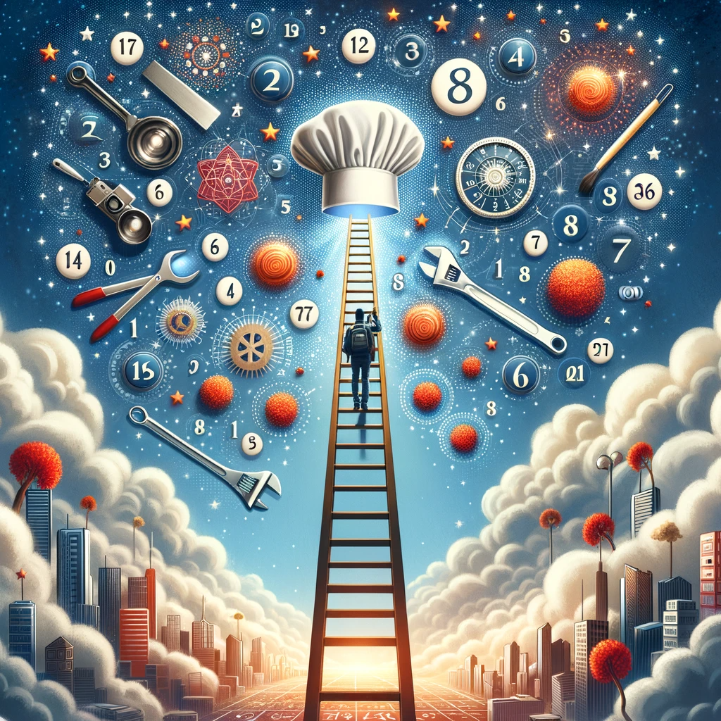 ·E 2023 12 30 22.34.04   An image for an article titled 'Numerology and Career Choices', showing a ladder leading up to a sky filled with numbers and career symbols like a che.png
